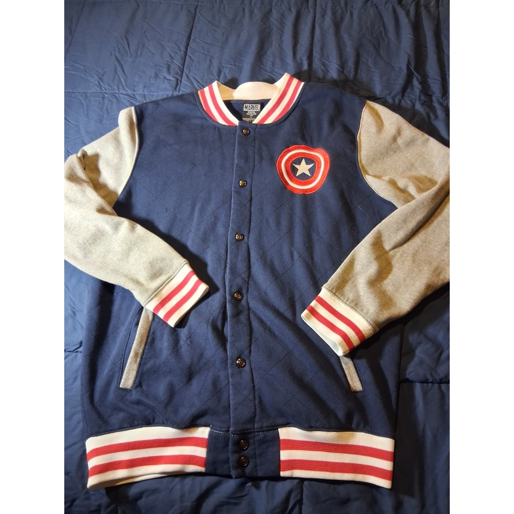 Marvel Captain‎ America Varsity Jacket Size L Blue Gray Red Superhero Bomber
